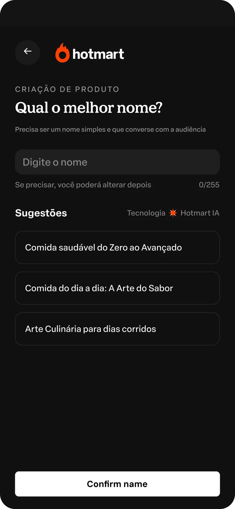 Escolha do nome com sugestões da Hotmart IA