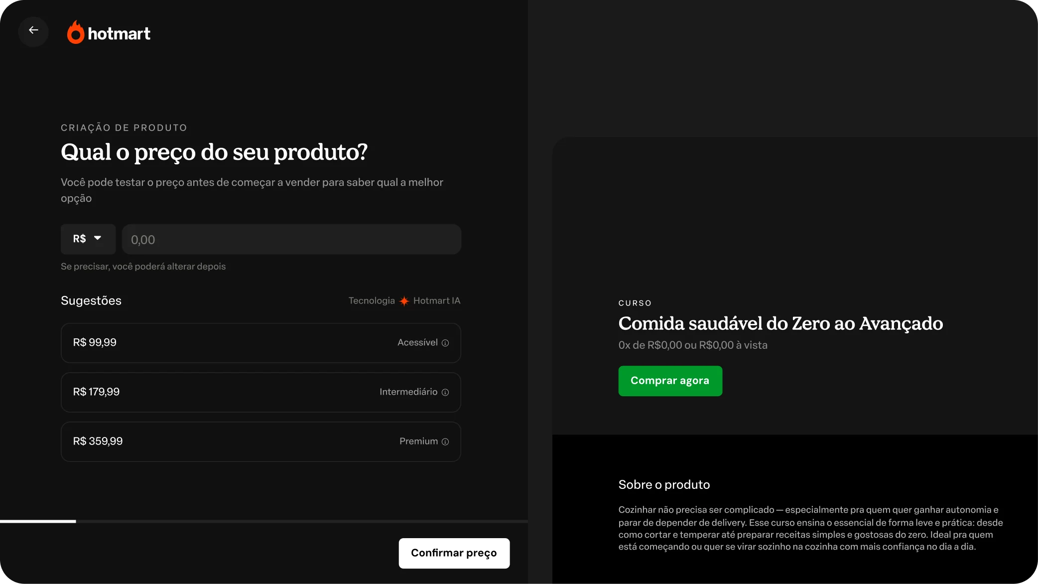 Definição de preço com prévia da página de vendas