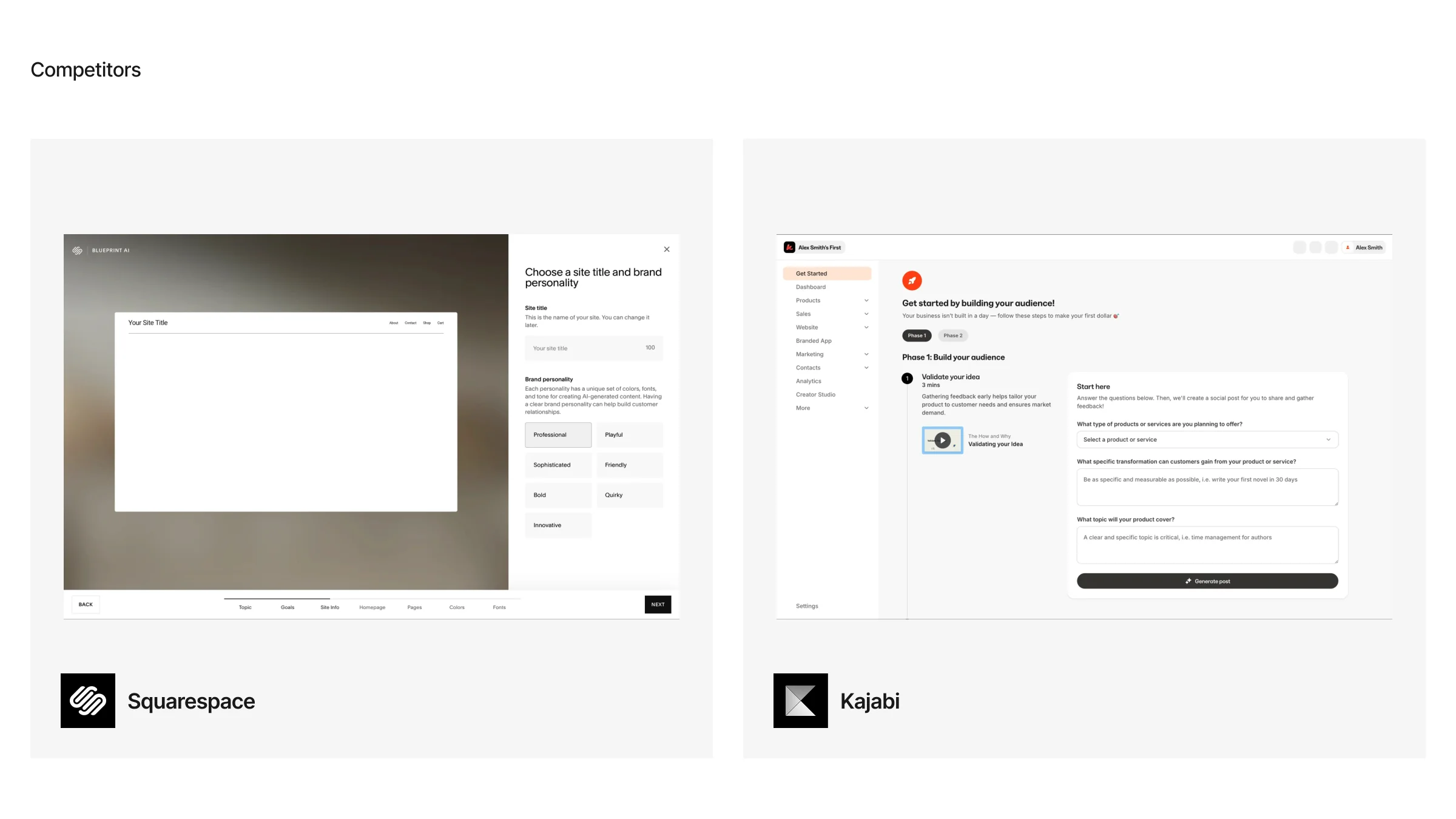 Competitors: onboarding screens from Squarespace and Kajabi.