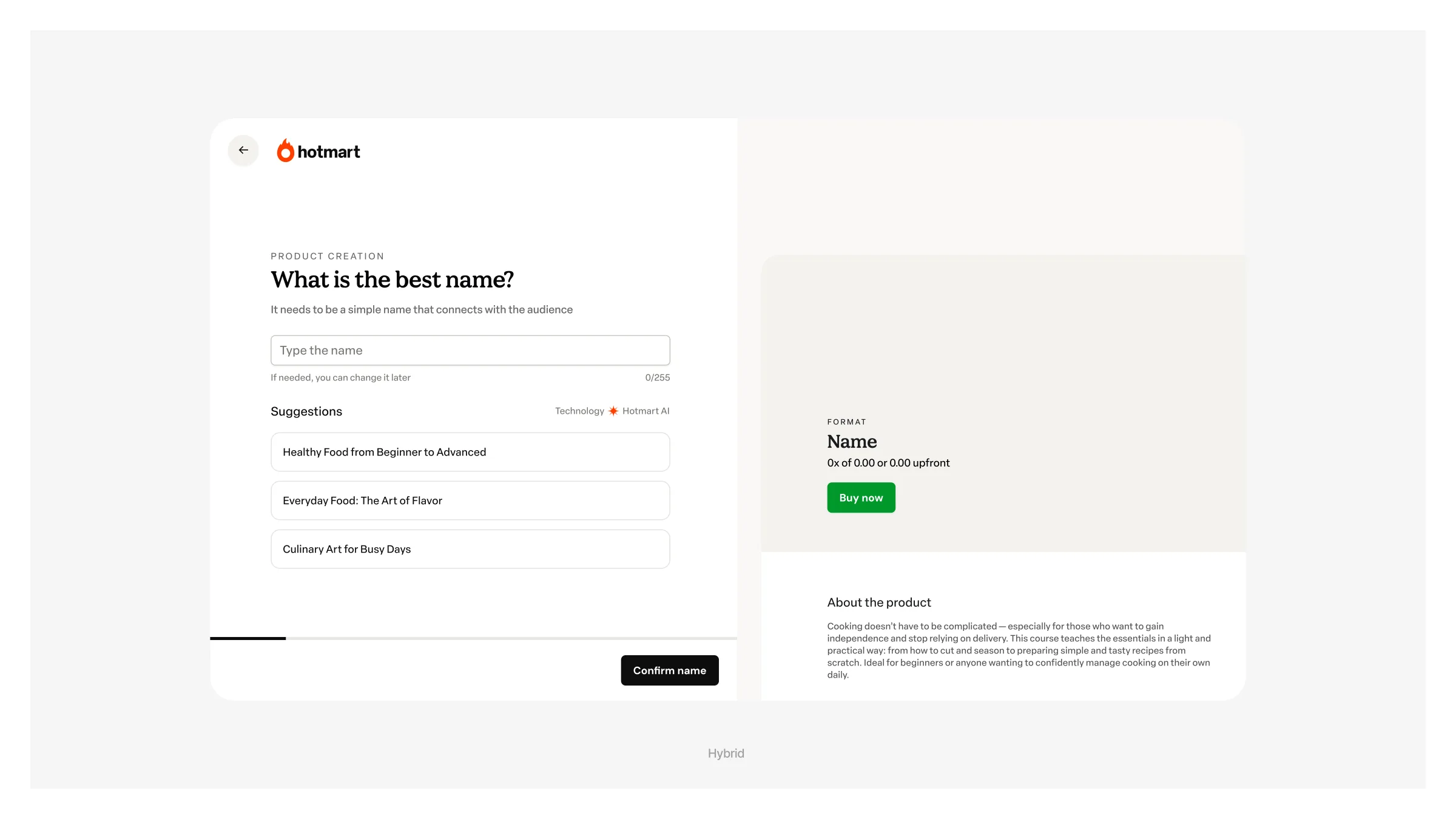 Product creation, name step: name suggestions from Hotmart AI, with a sales page preview.