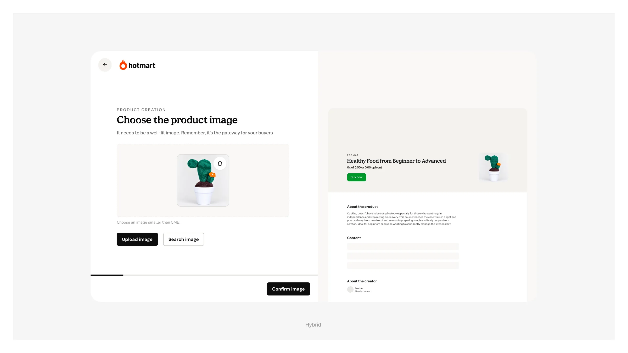 Product creation, image step: the product image appears in the sales page preview.