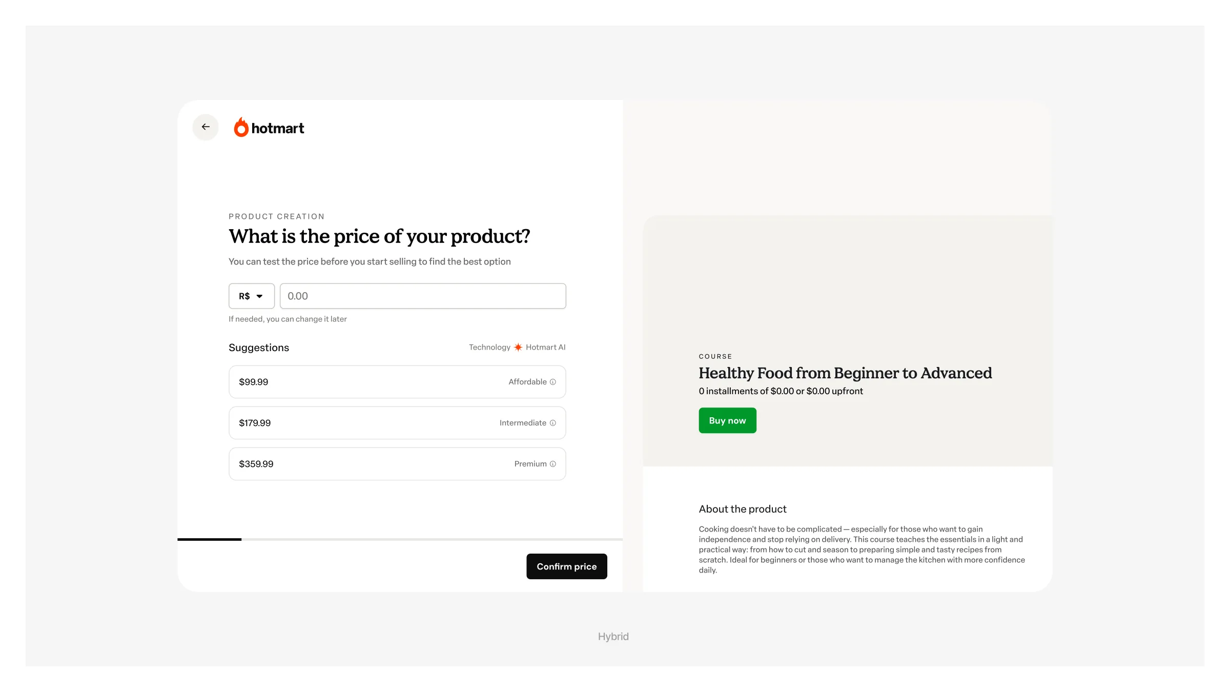 Product creation, price step: price suggestions from affordable to premium.